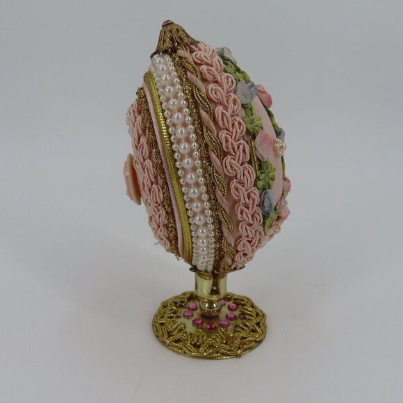 Vintage Handmade Embellished Real Egg Pink Painted Faux Flowers Pedestal Stand - Picture 12 of 16